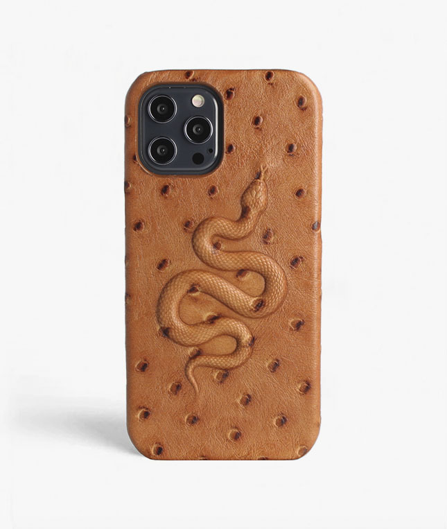 iPhone 13 Pro Max Leather Case Snake Ostrich Brown