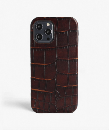 iPhone 12 Pro Max Leather Case Croco Dark Brown Large