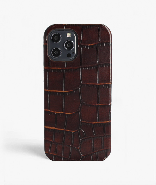 iPhone 12 Pro Max Leather Case Croco Dark Brown Large