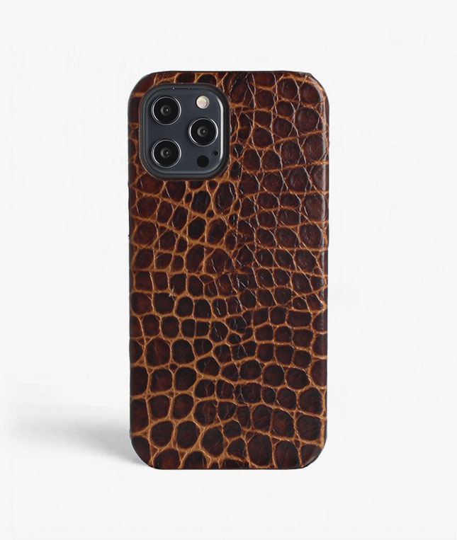 iPhone 13 Pro Max Leather Case Croco Dark Brown Small 