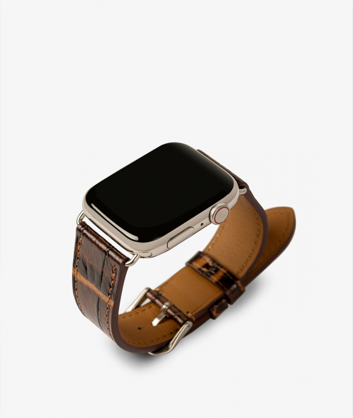 Apple Watch Leather Wristband Croco Dark Brown 38/40/41mm - Shiny Silver
