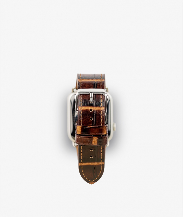 Apple Watch Leather Wristband Croco Dark Brown 42/44/45mm - Shiny Silver