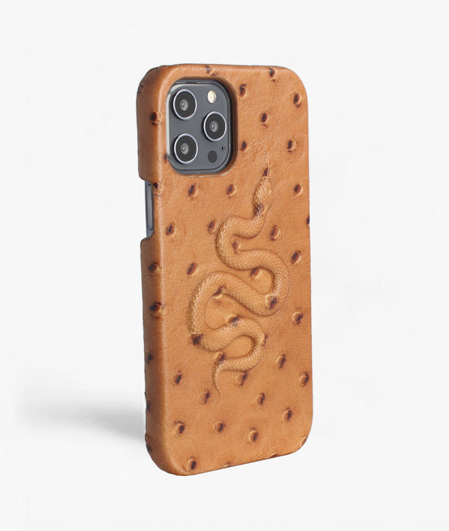 iPhone 12 Pro Max Leather Case Snake Ostrich Brown